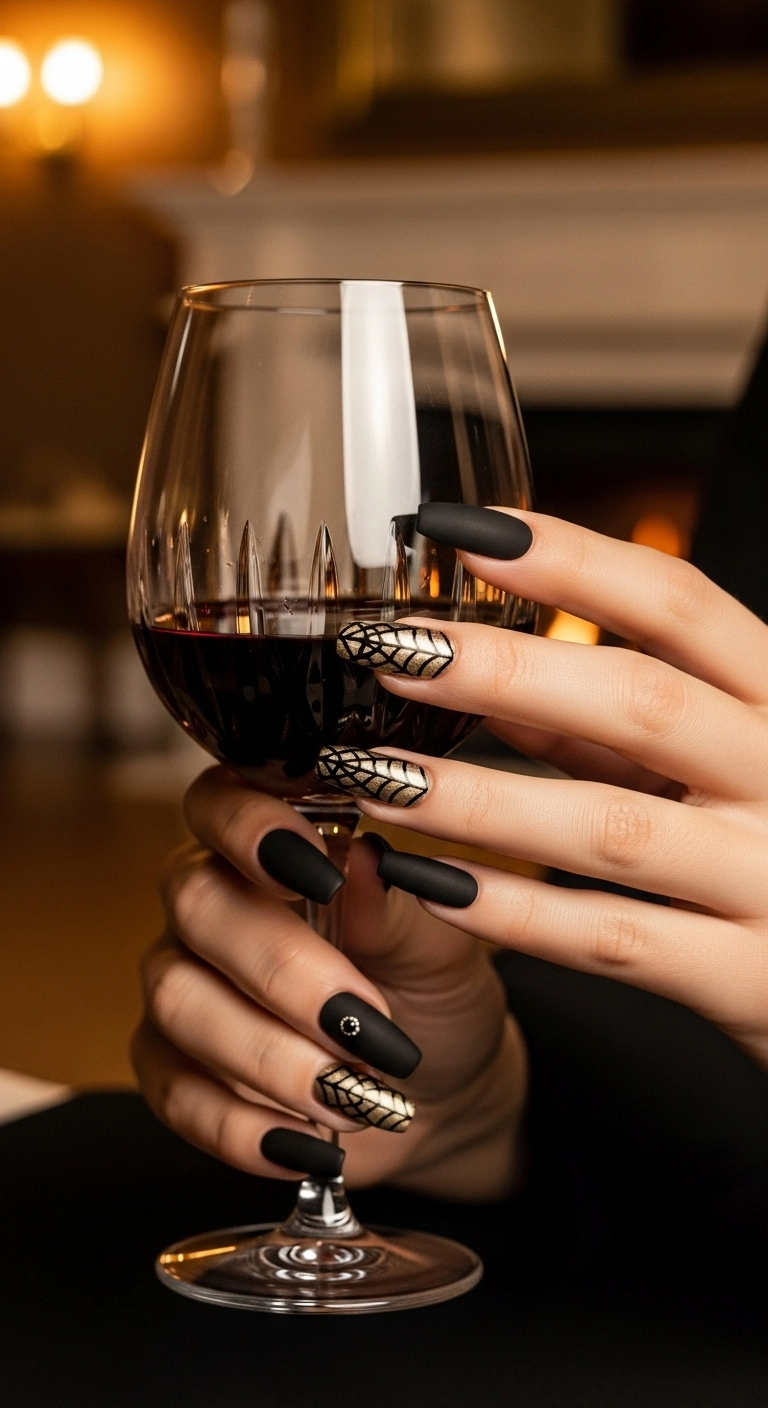 Matte black V-shaped French tips on coffin nails, adorned with an elegant gold spiderweb design.
