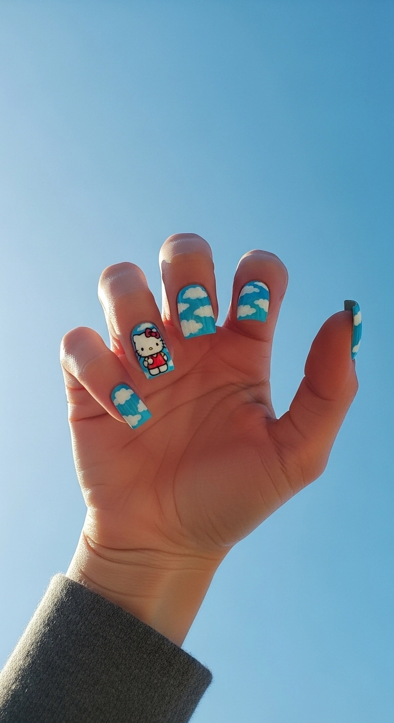 Hello Kitty nails with a blue sky and white clouds design, featuring Hello Kitty floating on the thumbnail.