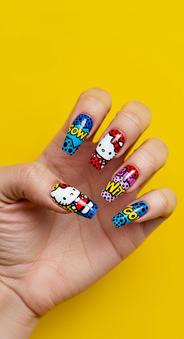 Pop art style Hello Kitty nails with bold outlines, bright colors, and comic book dot patterns.