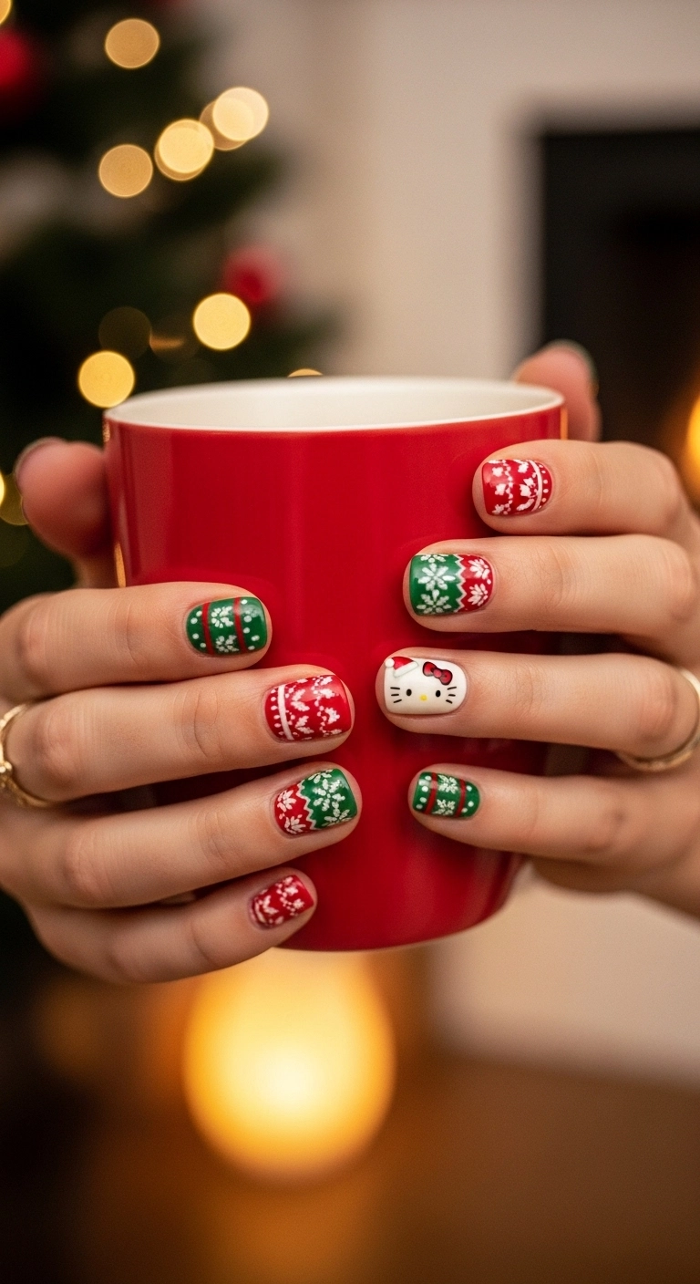 Festive holiday nails with a Christmas sweater pattern and an accent nail of Hello Kitty in a Santa hat.