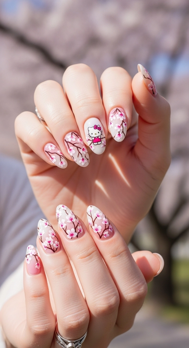 Elegant cherry blossom nails with a soft pink ombre and a tiny Hello Kitty face hidden among the flowers.