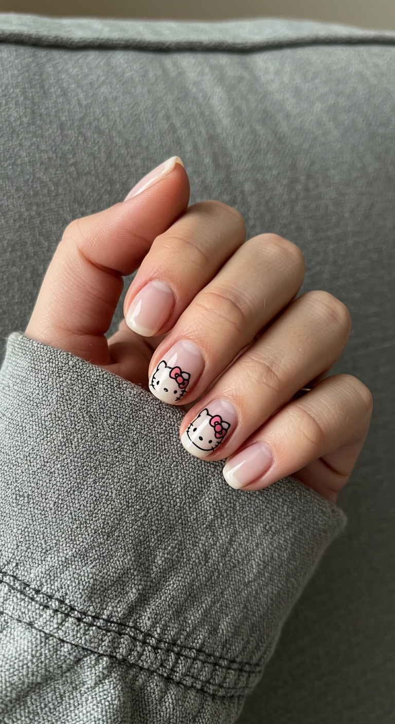 Minimalist Hello Kitty nails with a simple black outline of her head on a sheer nude base.
