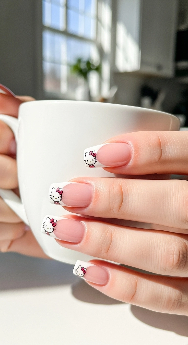 Hello Kitty French tips with a tiny Hello Kitty face on the corner of each white tip.