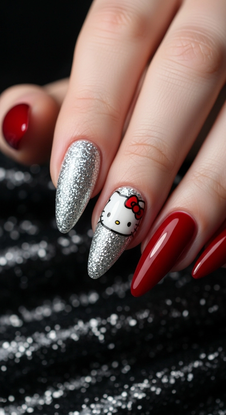 Glamorous cherry red nails with a silver glitter accent nail featuring a large Hello Kitty face.