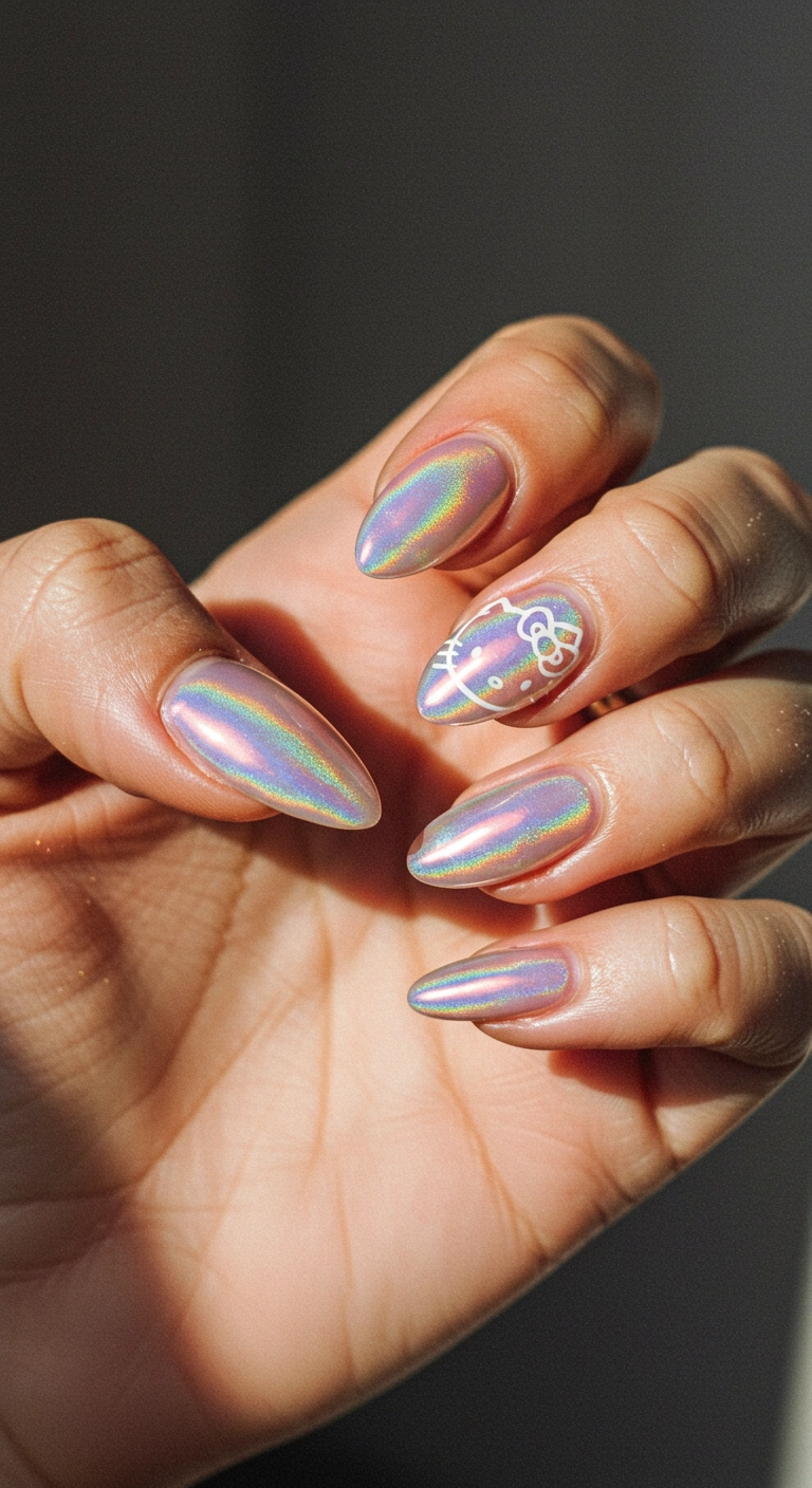 Ethereal iridescent nails that shift color, with a delicate white outline of Hello Kitty on one nail.