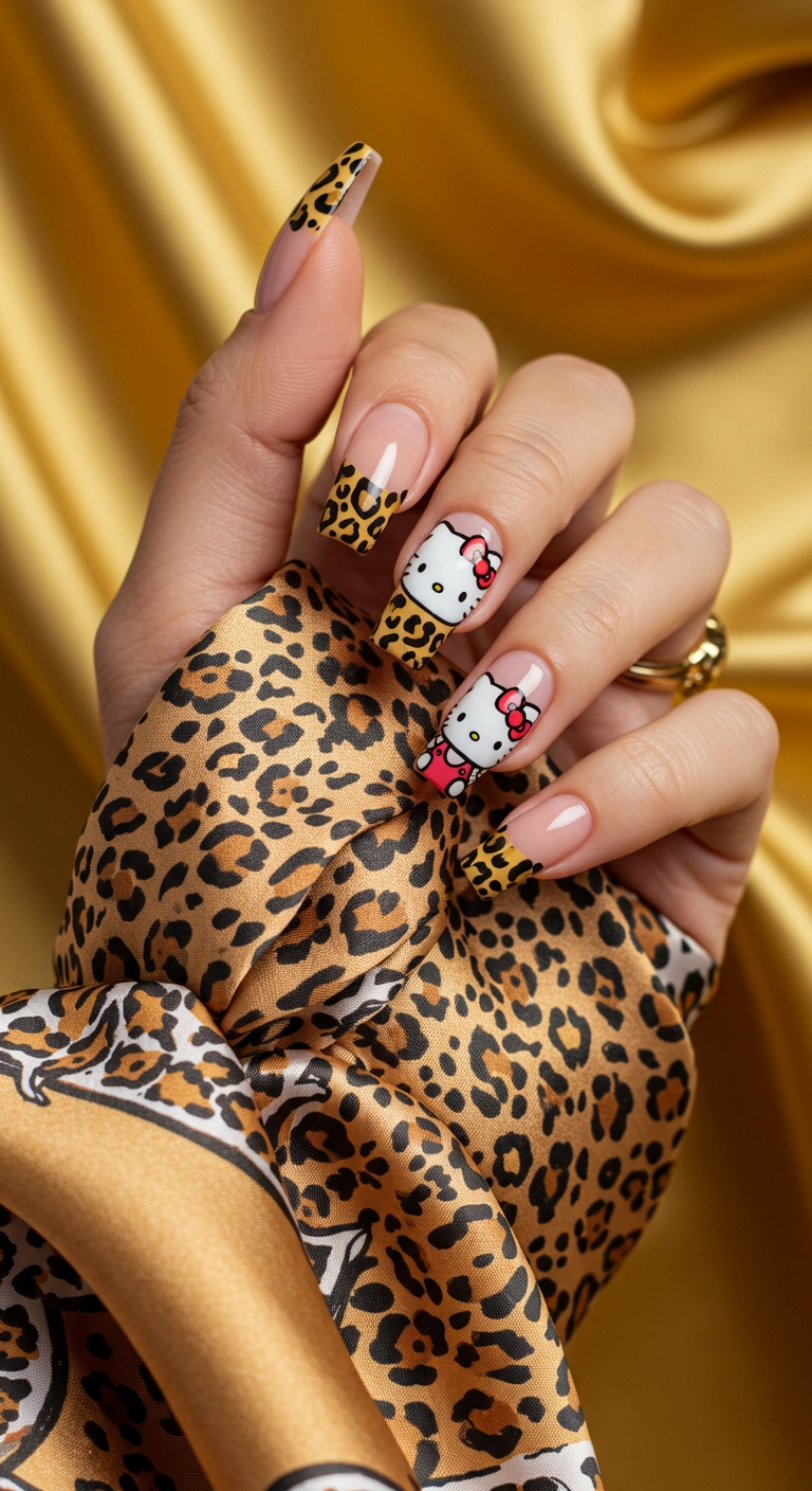 Trendy leopard print nails with an accent of Hello Kitty's bow also filled with a leopard pattern.
