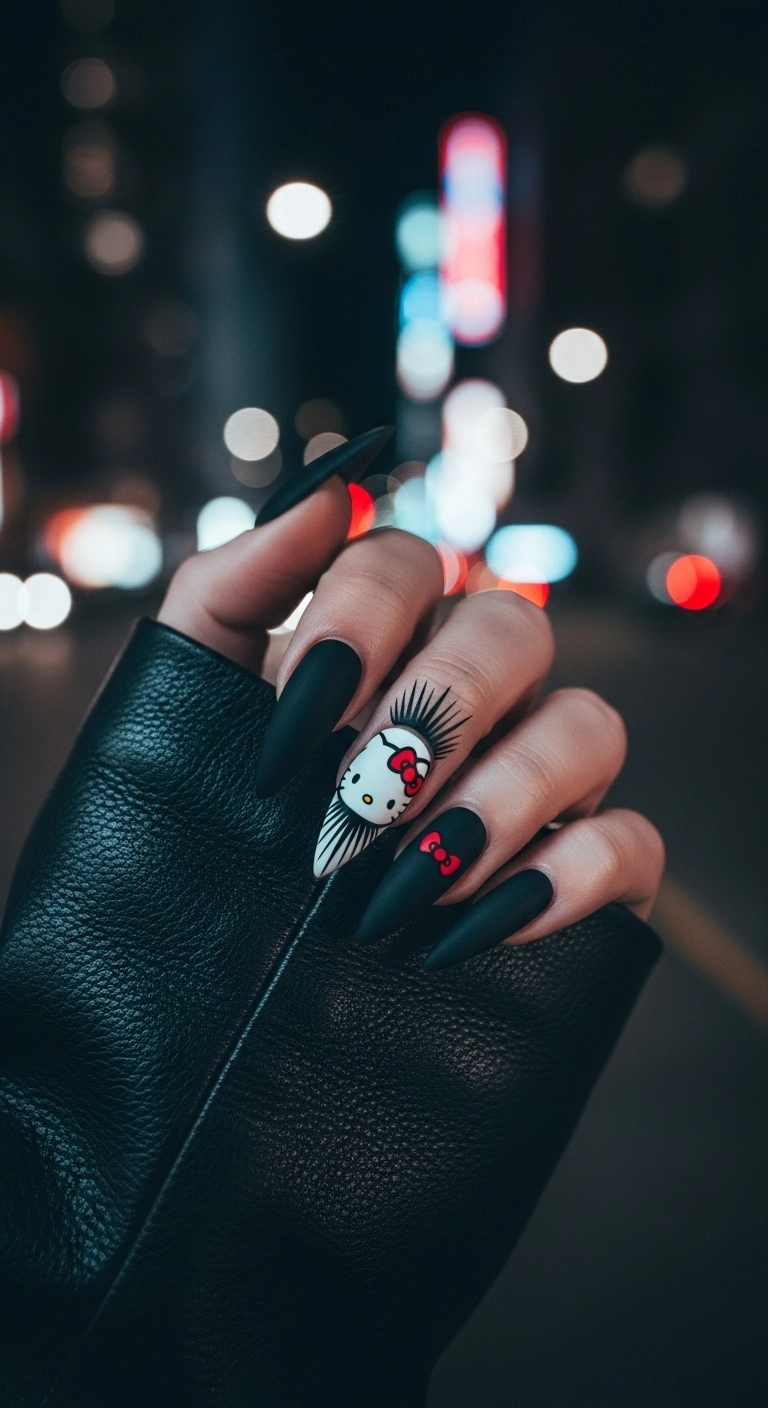 Edgy matte black nails with a graphic white outline of Hello Kitty and a single red bow.