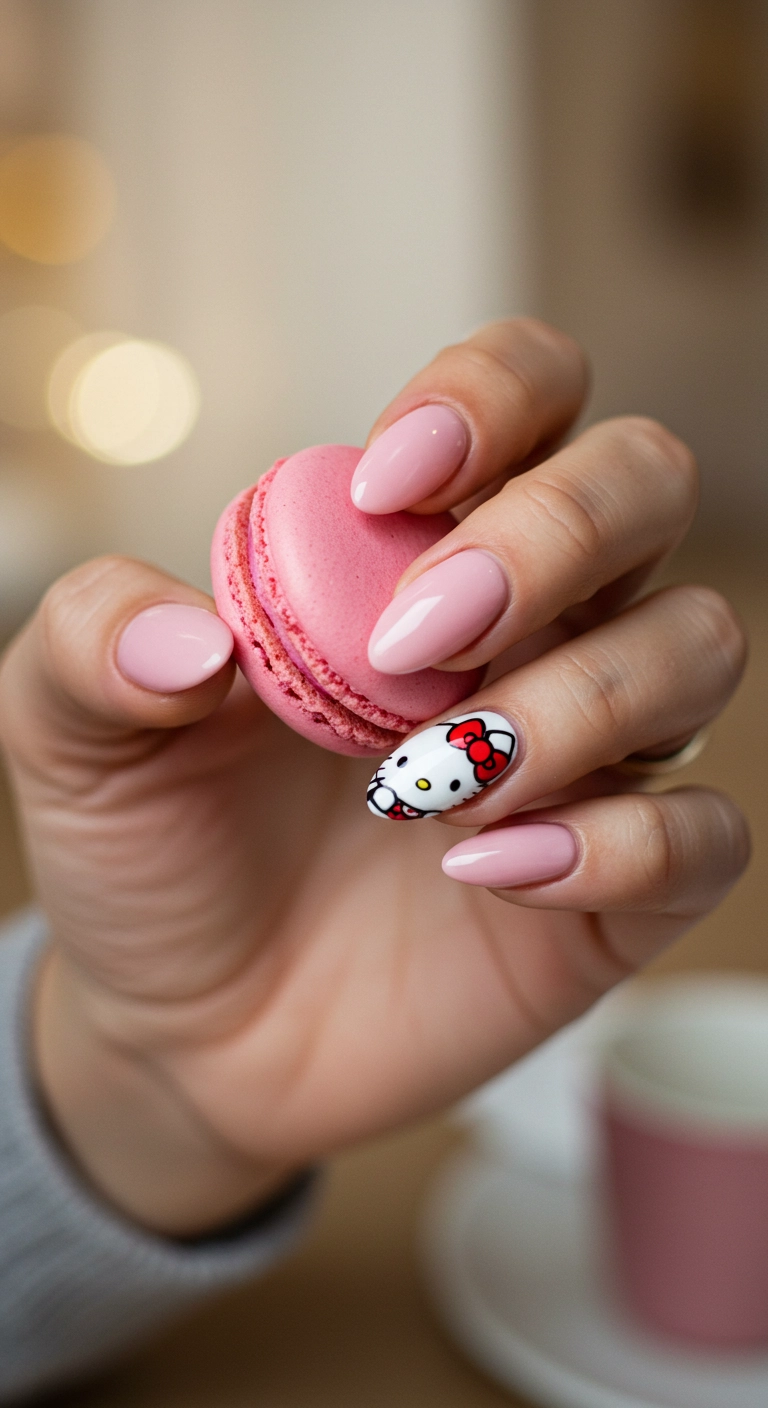 Classic pink and white Hello Kitty nail art with a detailed face on one nail and red bows on another.