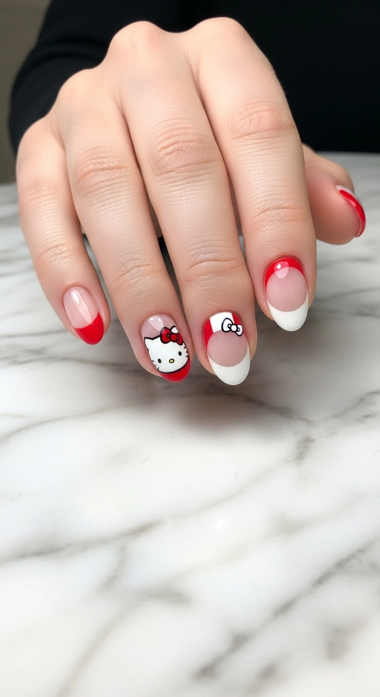 Modern negative space nail art where the unpainted parts of the nail help form the shape of Hello Kitty.