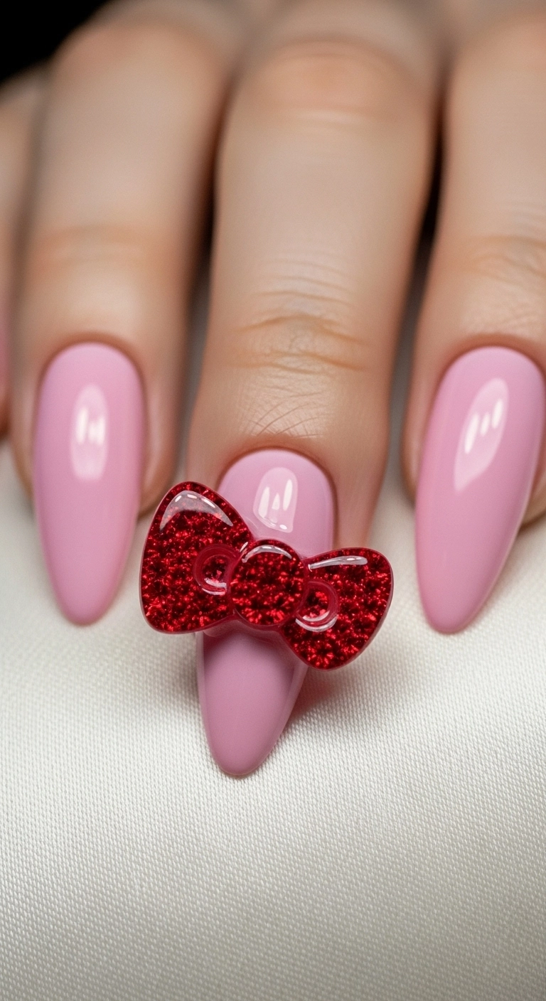 A glossy pink nail with a large 3D red bow charm, just like Hello Kitty's, near the cuticle.