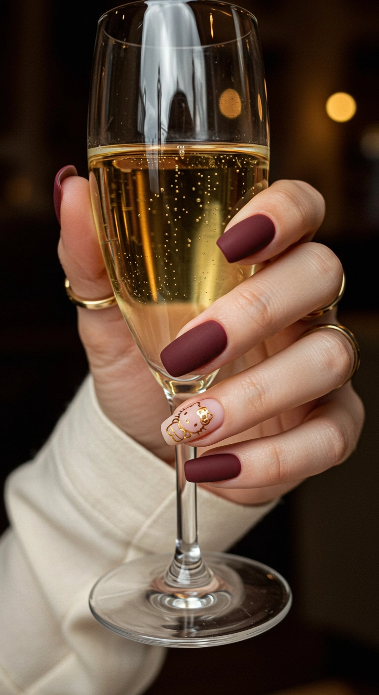Elegant matte burgundy nails with a gold foil outline of Hello Kitty's head as an accent.