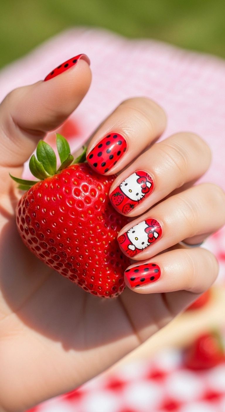 Cute nail art featuring a pattern of red strawberries and Hello Kitty heads mixed together.