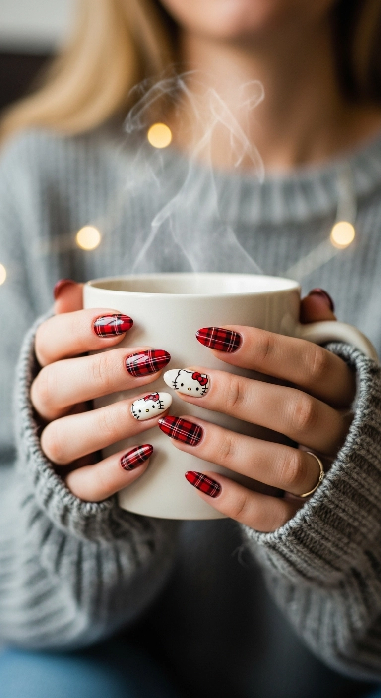 Cozy red and black plaid nail art with a single cream-colored accent nail featuring Hello Kitty's face.