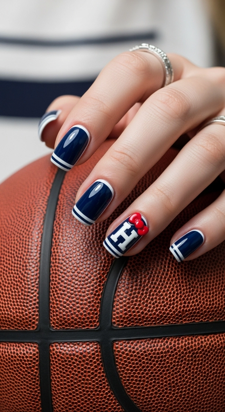 Preppy varsity-themed nails in navy and white, with a letter 'H' featuring Hello Kitty's bow.