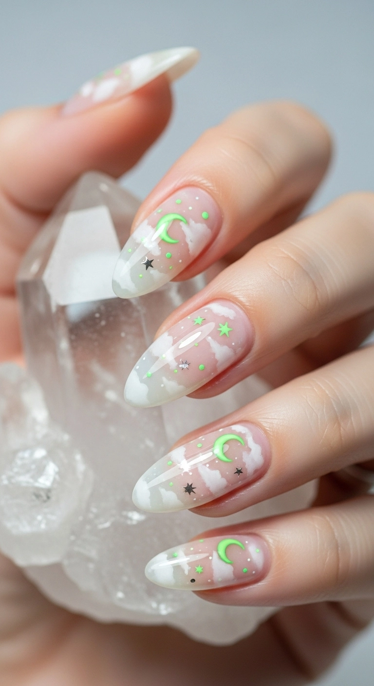 Almond nails with a milky white base, decorated with minimalist neon green crescent moons and stars.