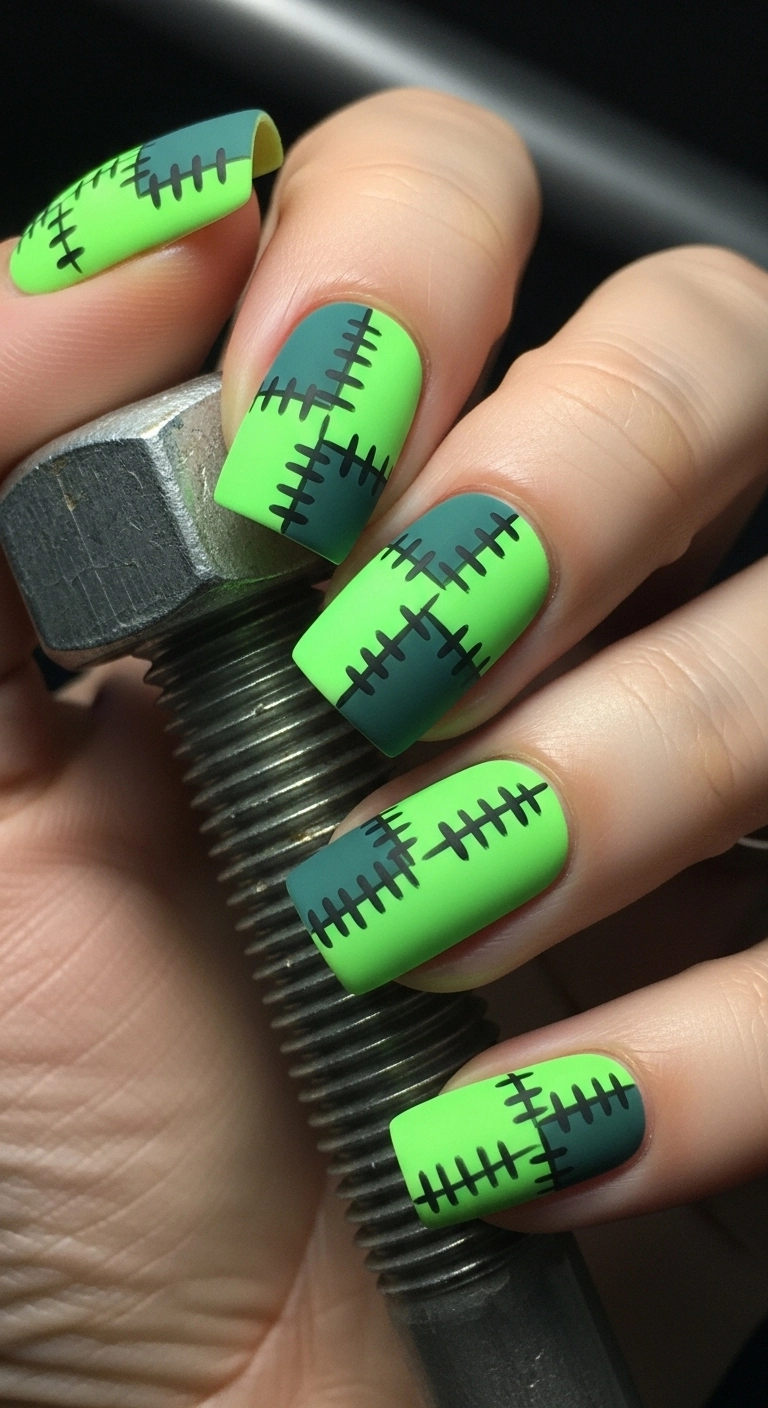 Short square nails painted with patches of neon green, connected by black Frankenstein-style stitches.