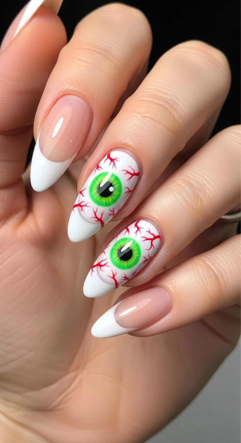 A French manicure where the tips are designed to look like bloodshot eyeballs with neon green irises.