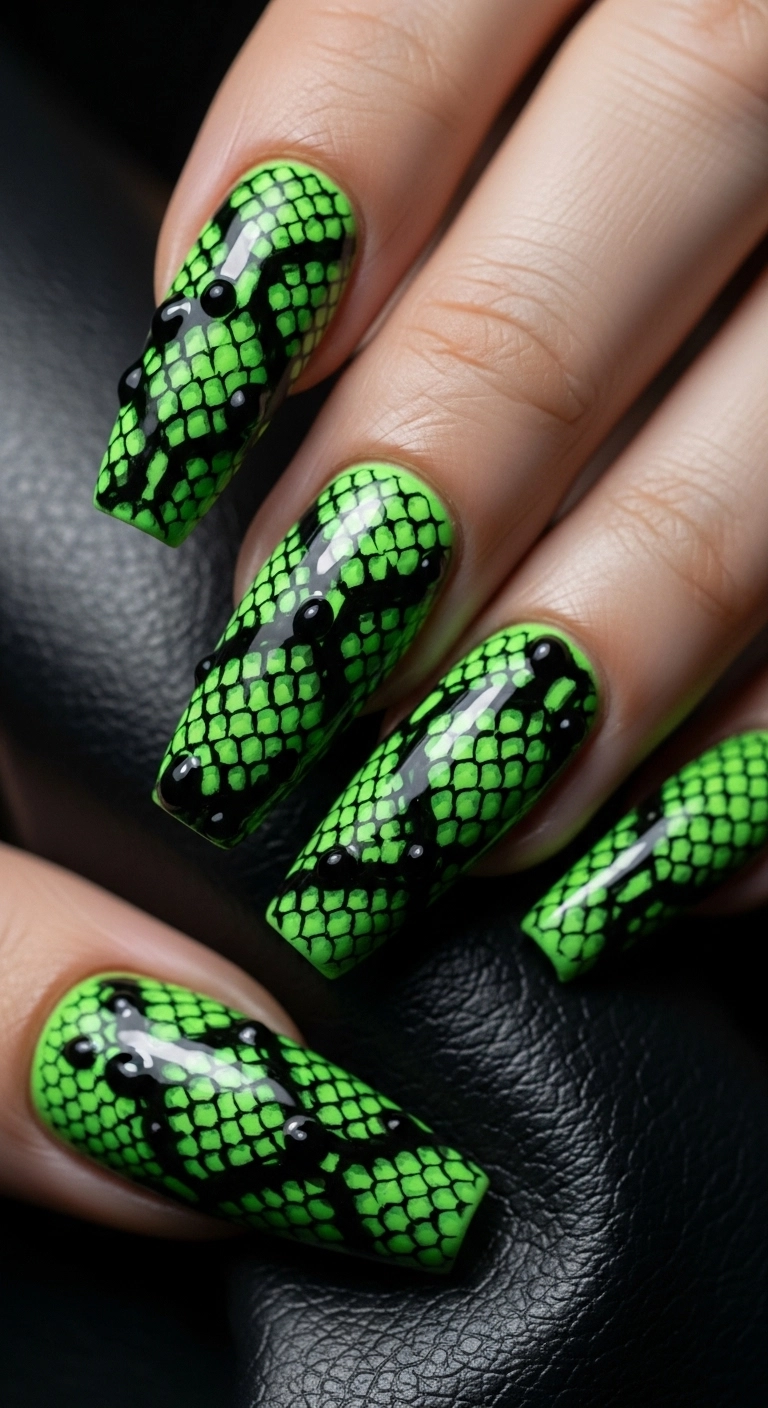 Long coffin nails with a realistic, glossy neon green and black snake skin pattern.