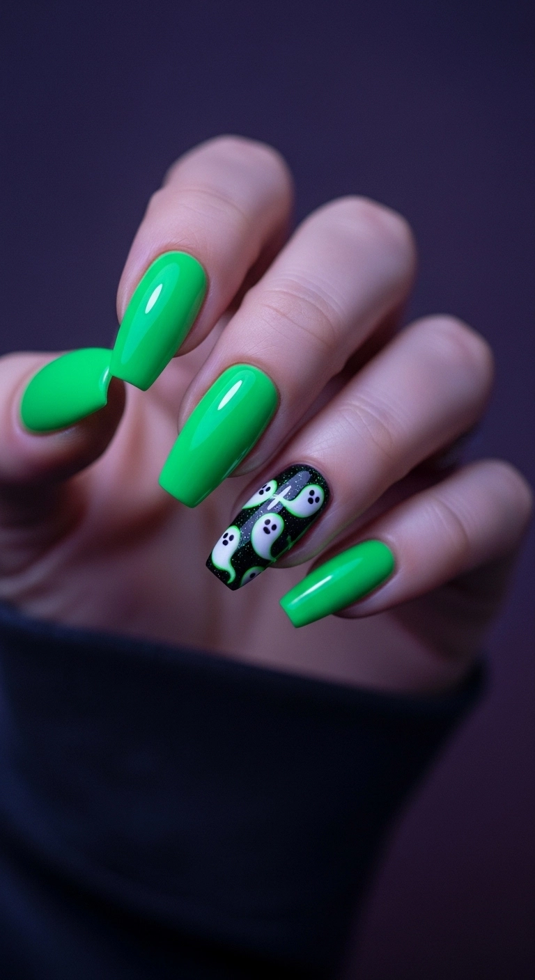 Coffin-shaped nails in neon green, with a black accent nail featuring cute, glowing ghosts.