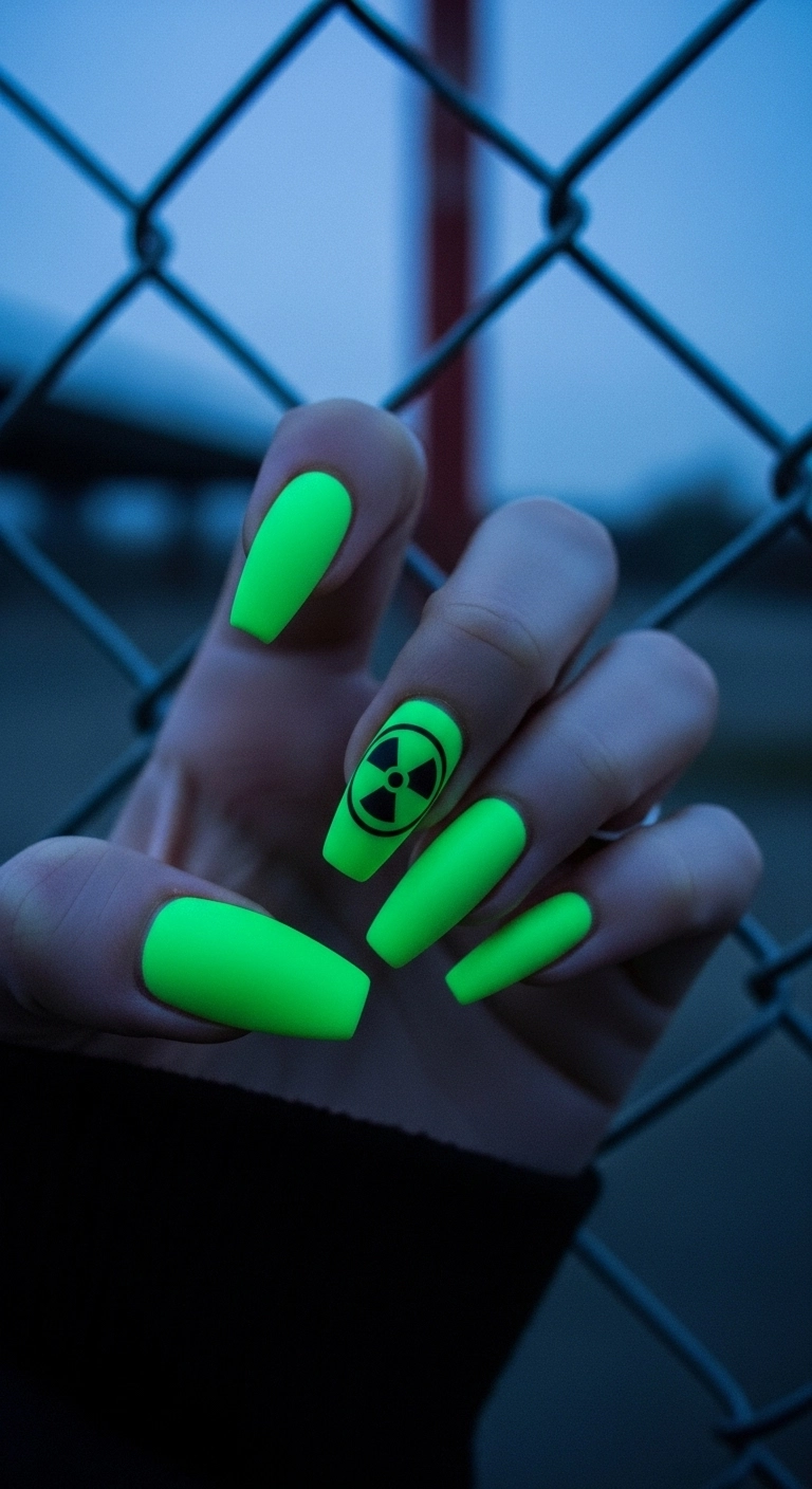 Matte neon green coffin nails with a black radioactive hazard symbol on an accent nail.