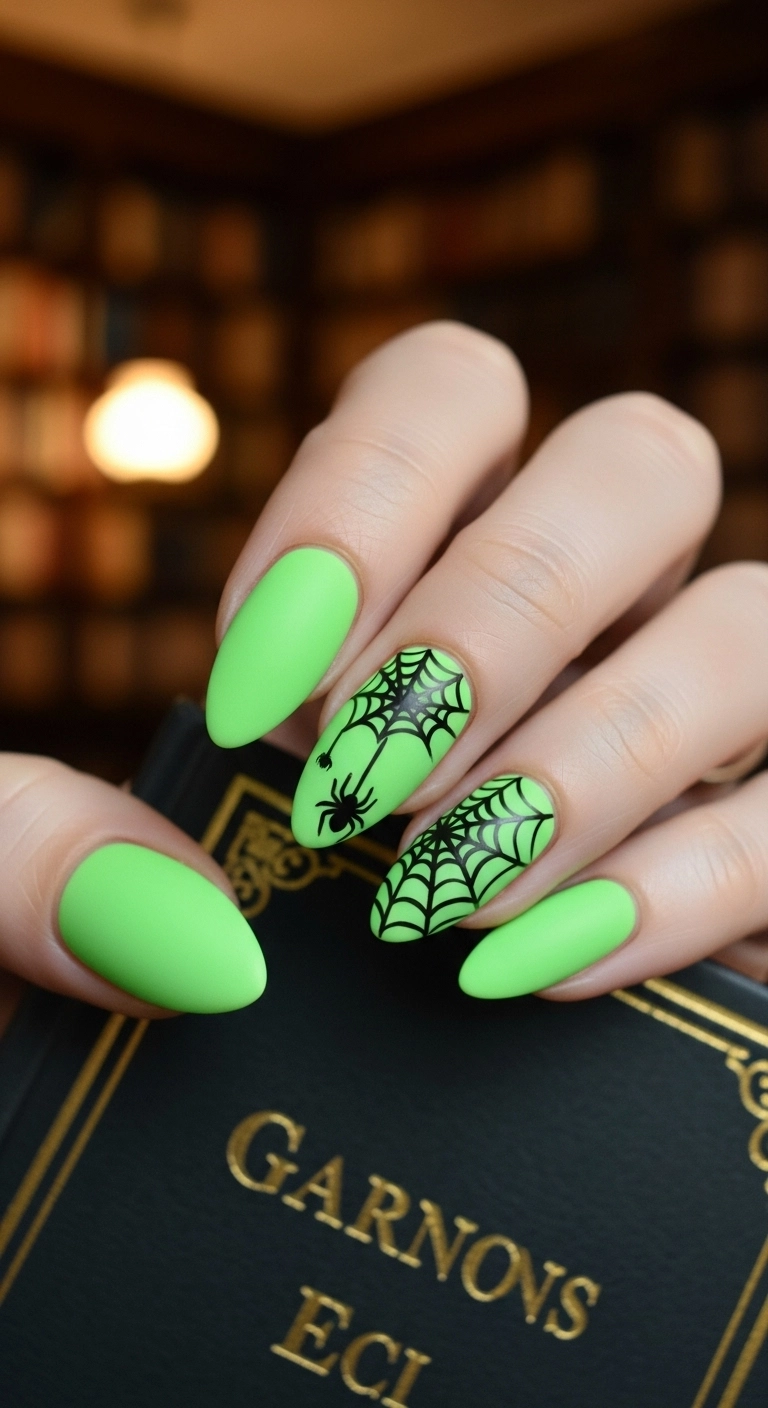 Almond-shaped nails with a matte neon green base, featuring delicate black spiderweb designs.