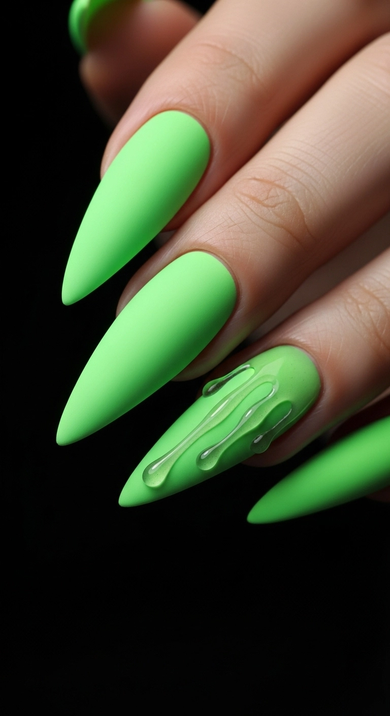 Matte neon green stiletto nails featuring a subtle, textured design of glossy, clear drips on top.