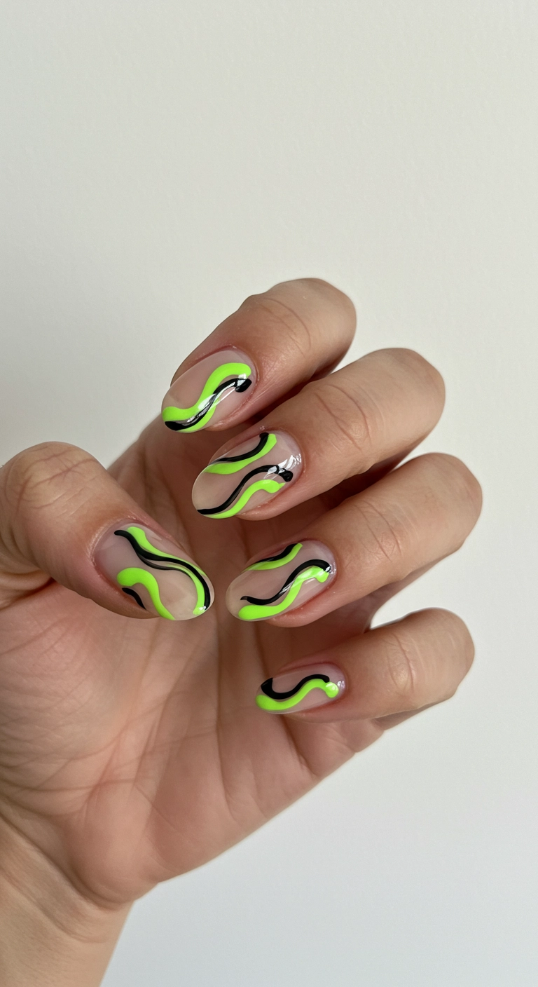 Squoval nails with a nude base and abstract swirls of neon green and black polish.