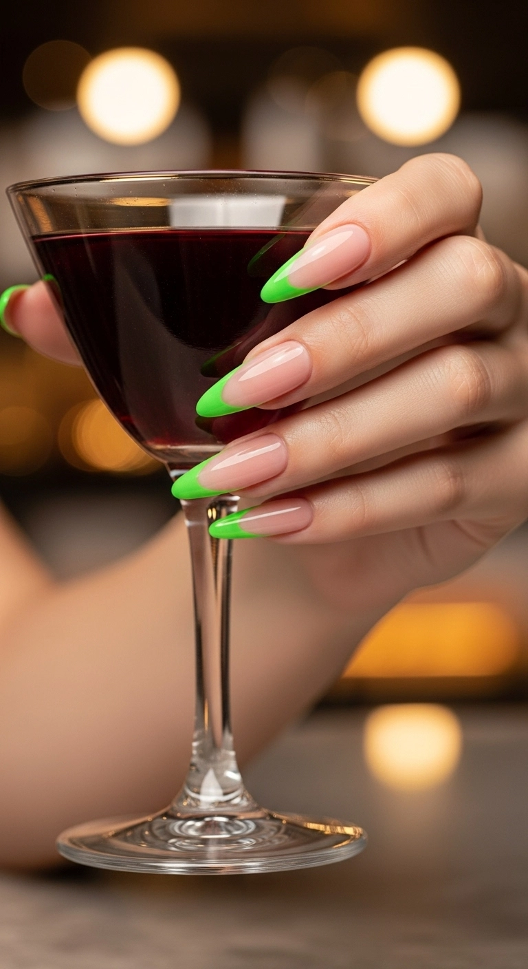 A modern French manicure with a nude base and sharp, vibrant neon green tips.