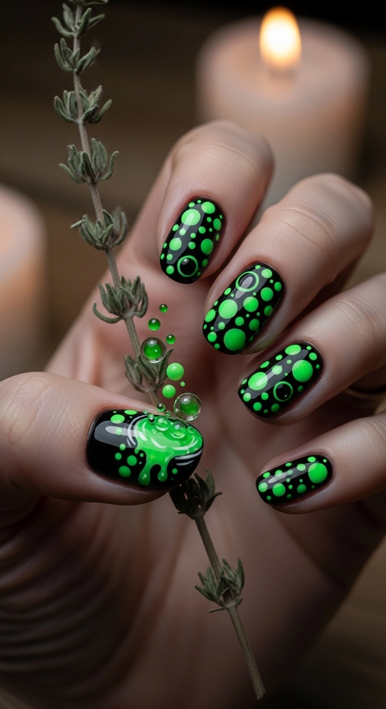 A close-up of nails designed to look like a witch's cauldron, with neon green bubbles rising over a black base.