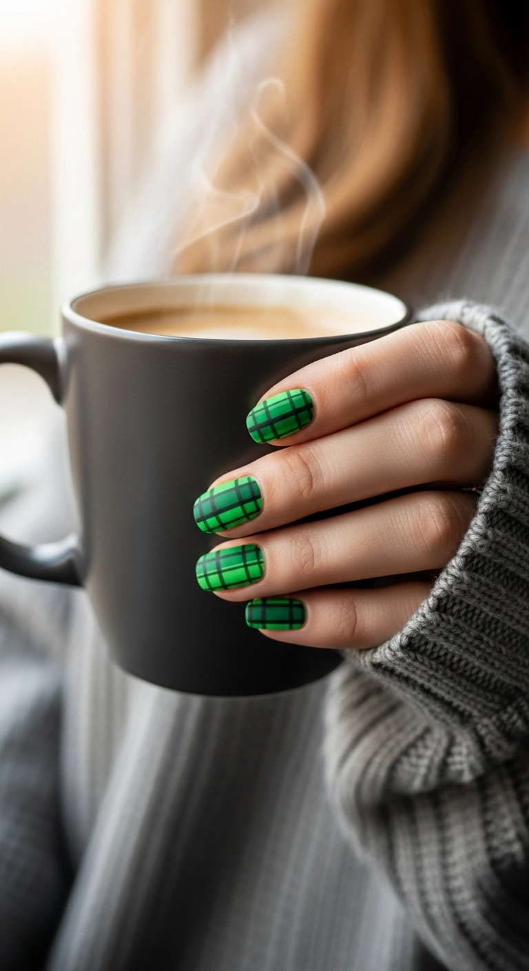 Short rounded nails with a cozy-looking plaid pattern in neon green, dark green, and black.