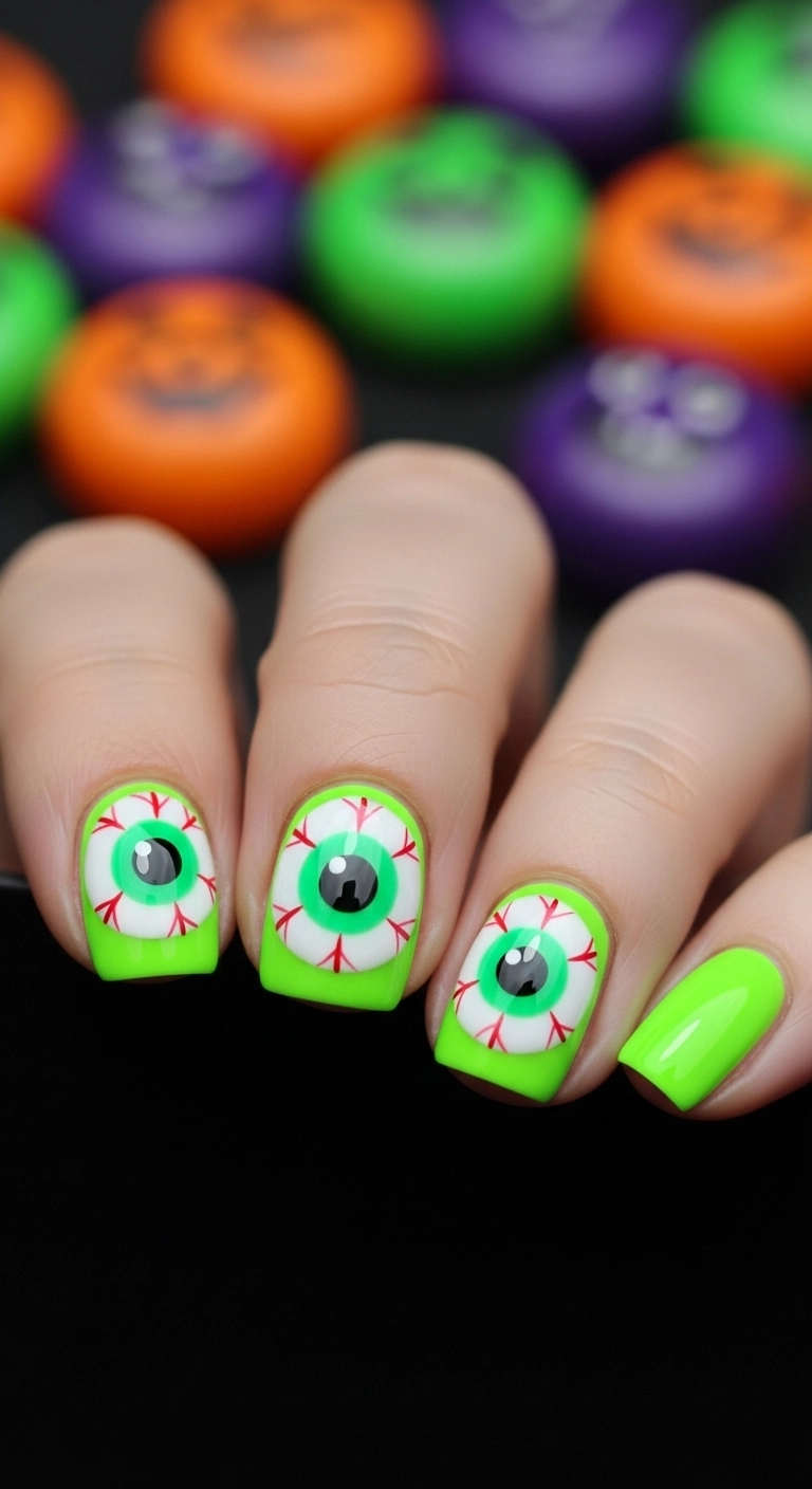 Short neon green nails, each decorated with a single, large, bloodshot monster eye.