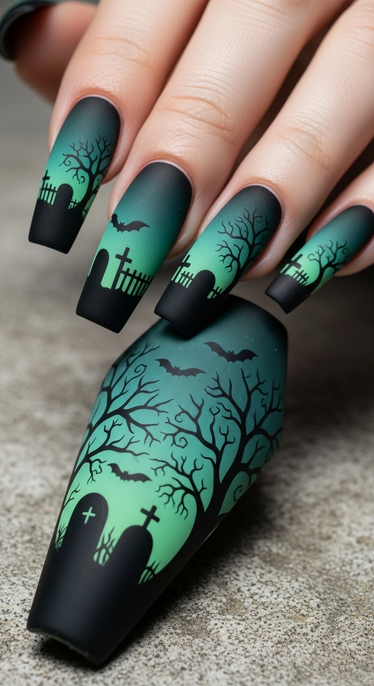 A set of coffin nails with a panoramic graveyard scene, featuring black tombstones against a neon green sky.