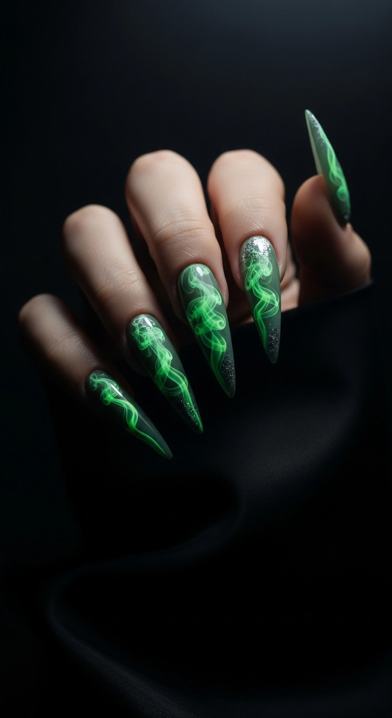 Long stiletto nails with a matte black base, featuring ethereal wisps of neon green smoke rising from the bottom.