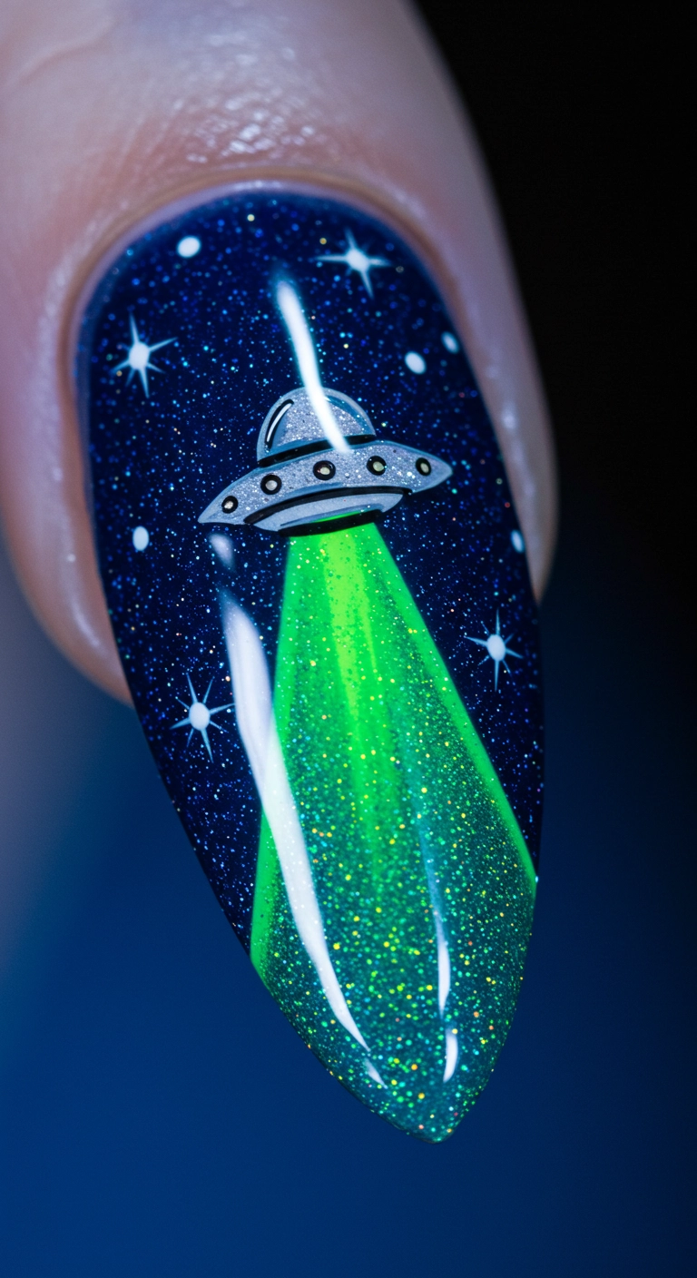 Almond nails with a night sky design, featuring a silver UFO abducting something with a neon green beam.