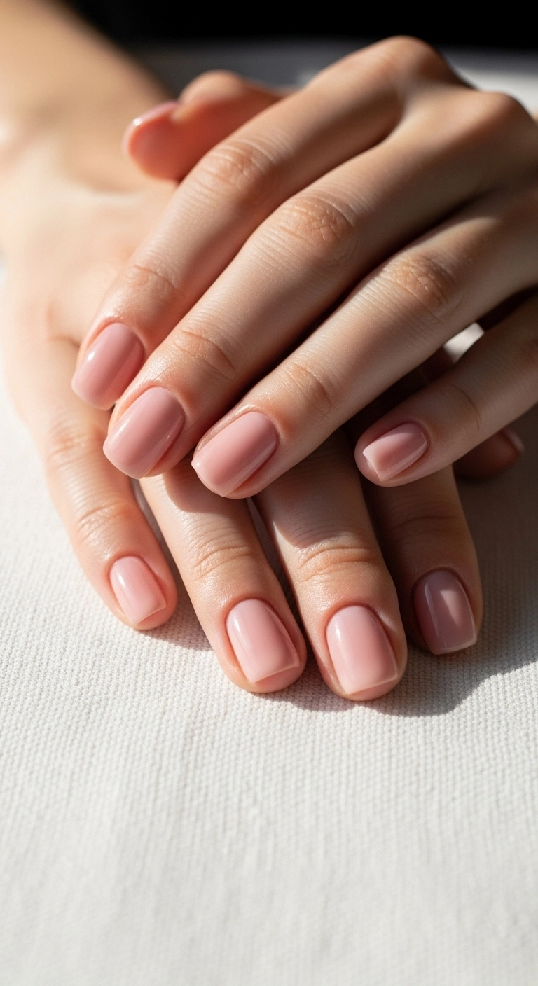 Close-up of a woman's hands with short square nails in a barely-there pink nude polish.
