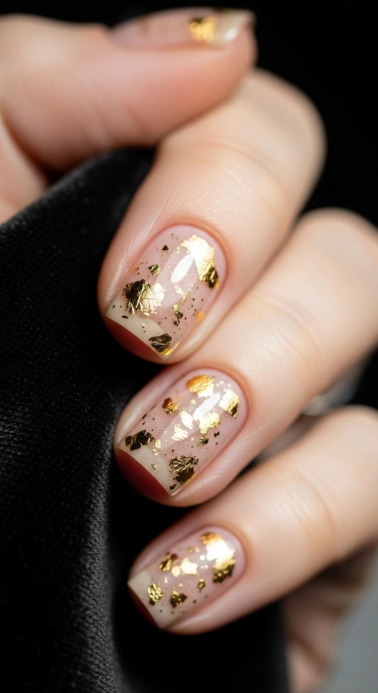 Macro shot of a nail with a sheer nude base and scattered gold flakes.