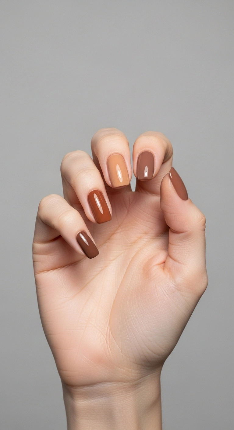 A woman's hand with a neutral gradient ombré manicure in shades of brown.