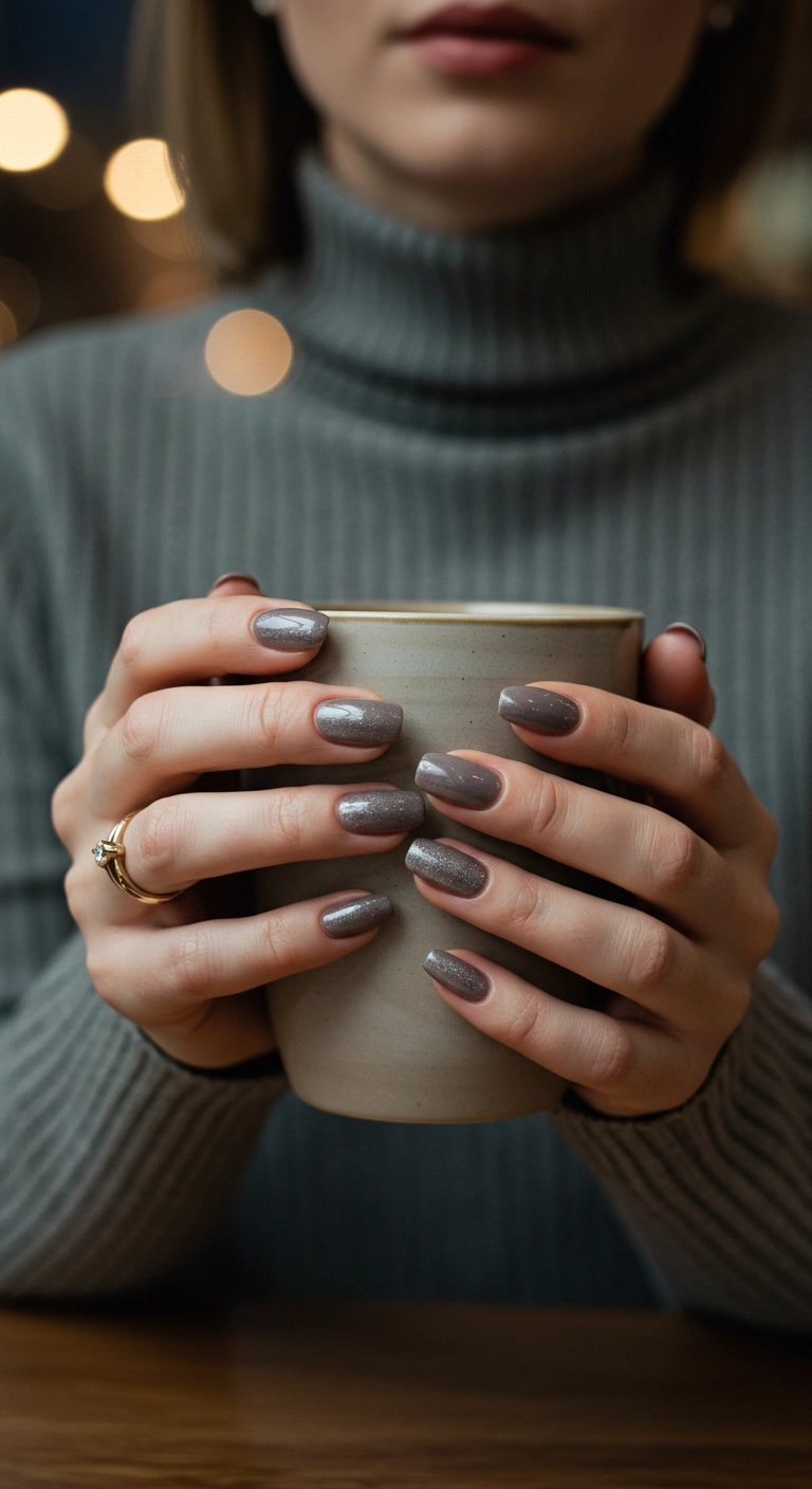 A woman's hands with frosted taupe shimmer nails holding a ceramic mug.