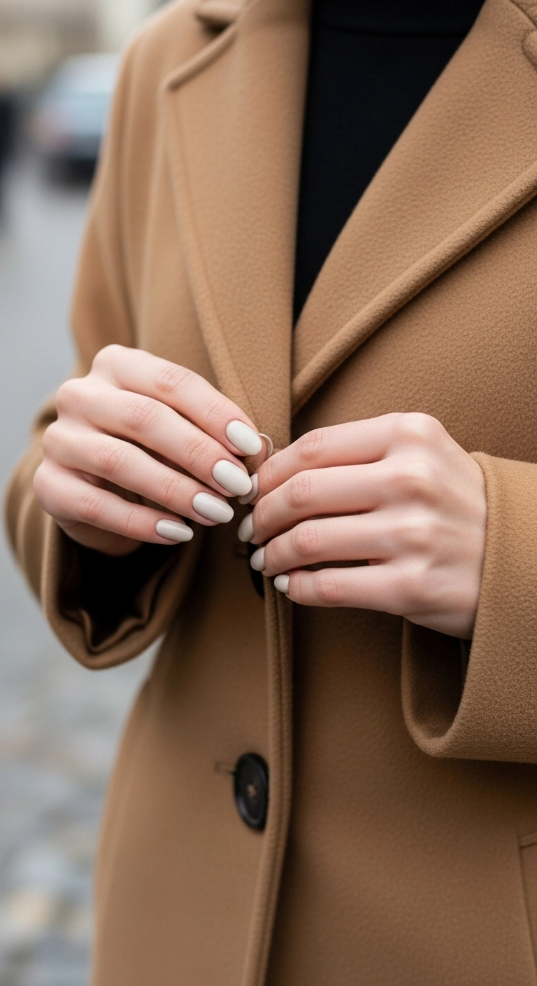 Close-up of a woman's hands with greige nails buttoning a camel coat.
