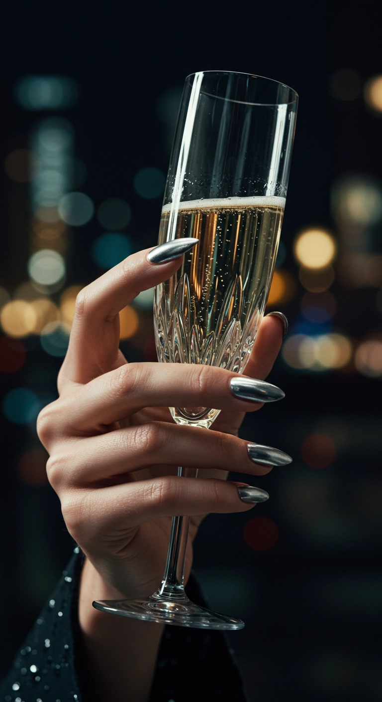 Close-up of stiletto nails with an icy silver chrome finish holding a champagne flute.