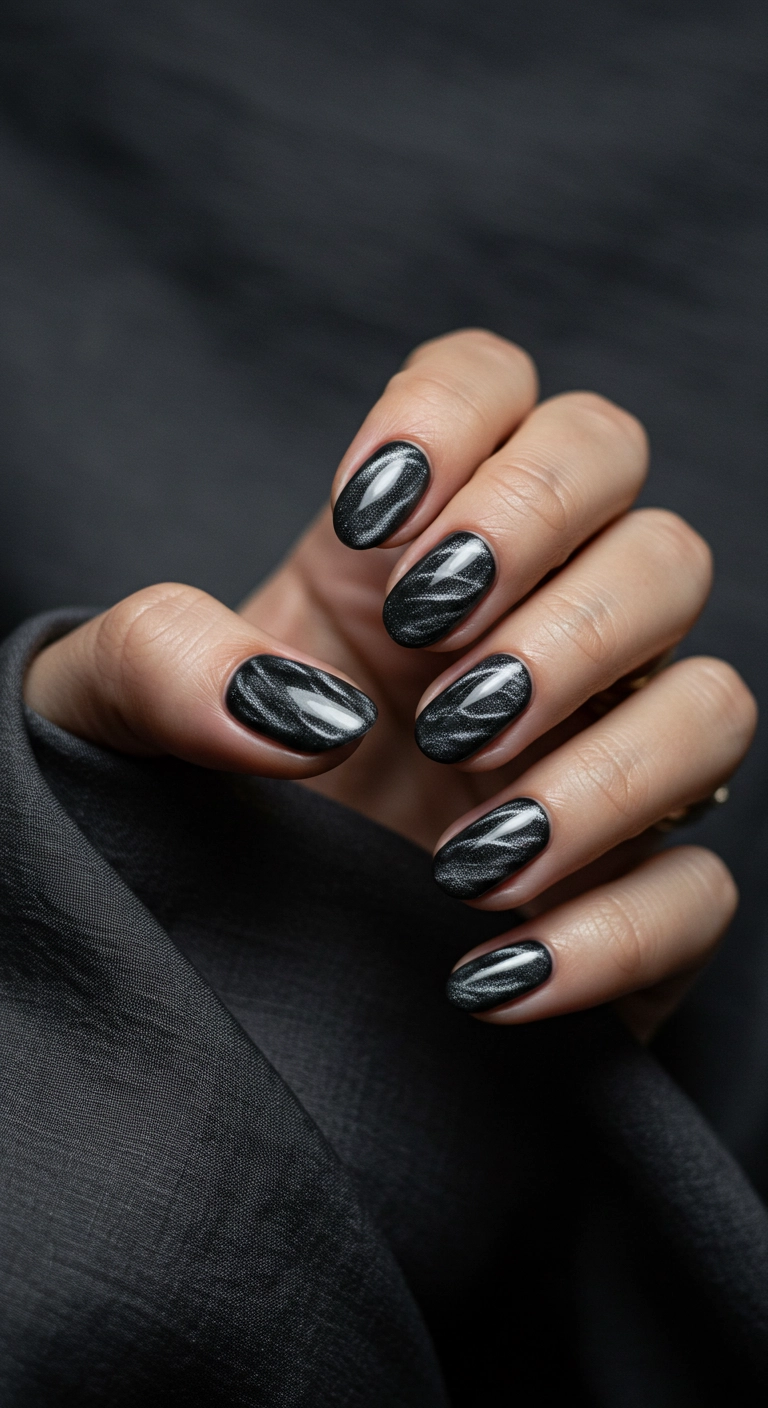 Close-up of oval nails with a soft black velvet magnetic polish.