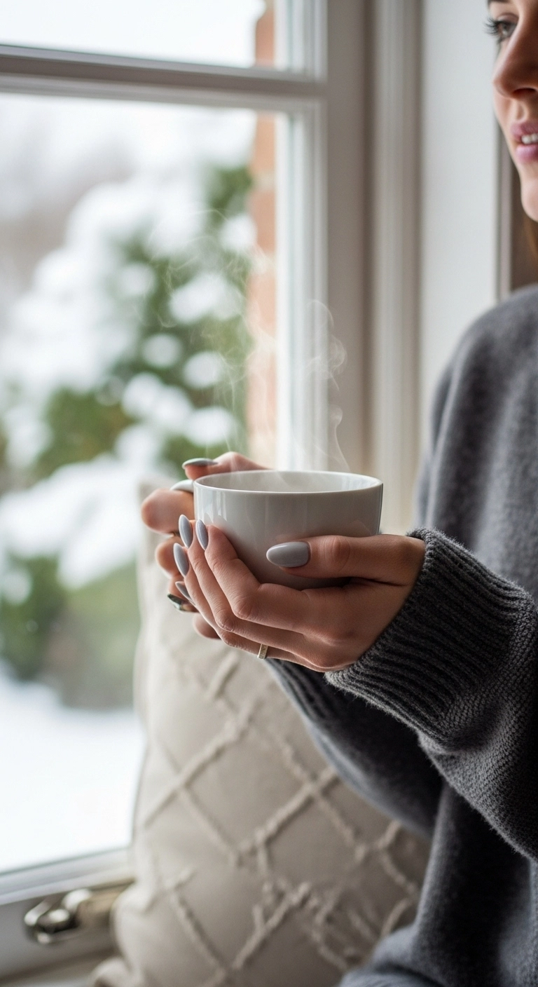 Woman's hands with matte soft grey nails wrapped around a teacup.
