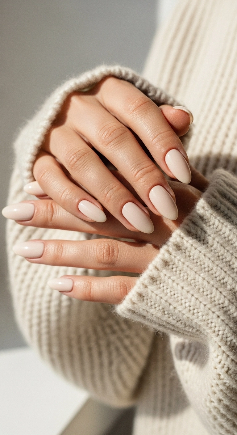 Close-up of a woman's hands with creamy cashmere nude nails resting on a knit sweater.