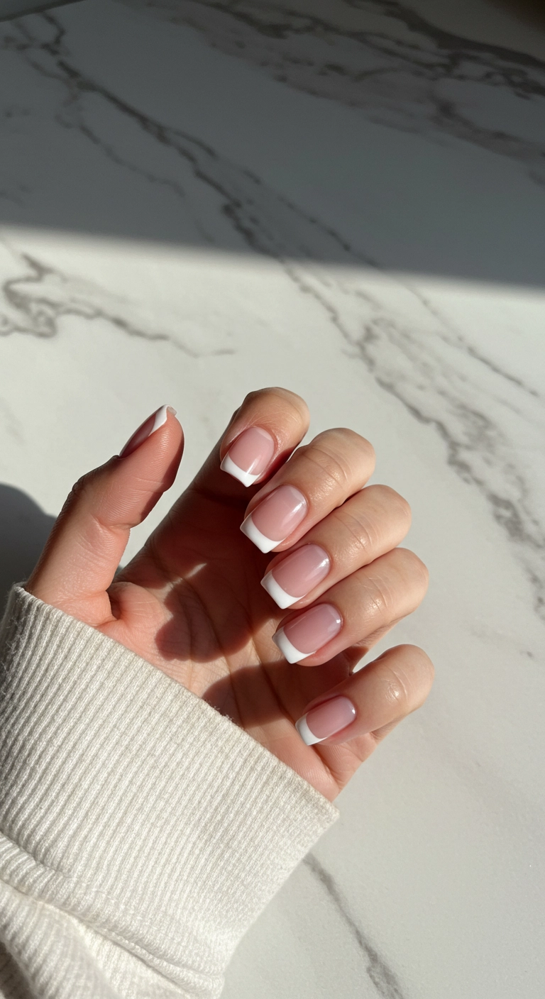 Close-up of square nails with a winter white micro French manicure.