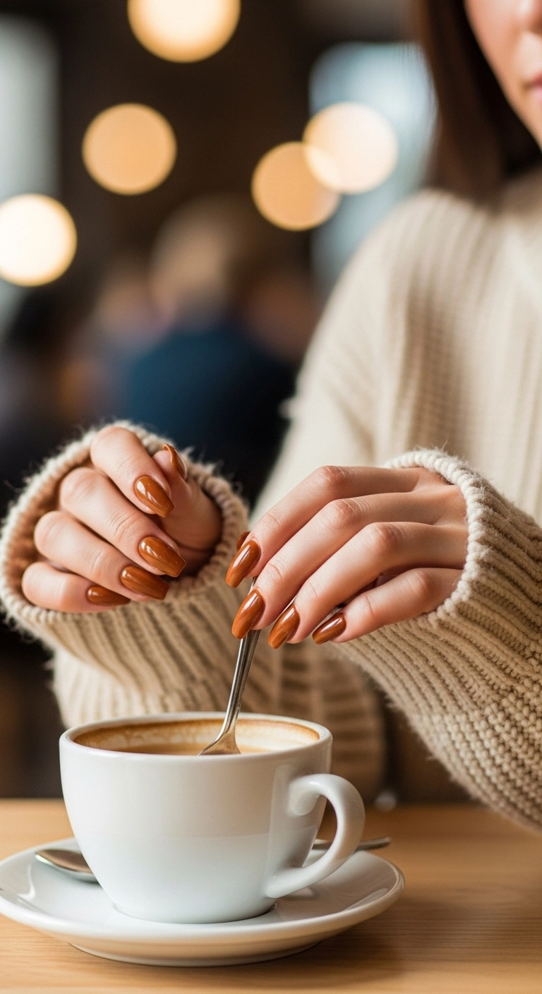 Woman's hands with glossy caramel toffee nails stirring a coffee.