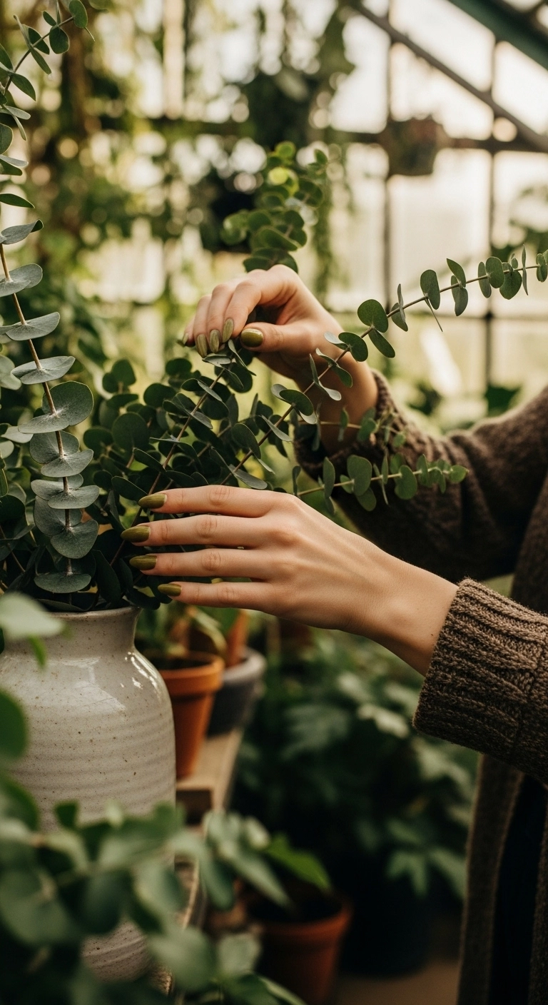 A woman's hands with muted olive green nails arranging eucalyptus leaves.