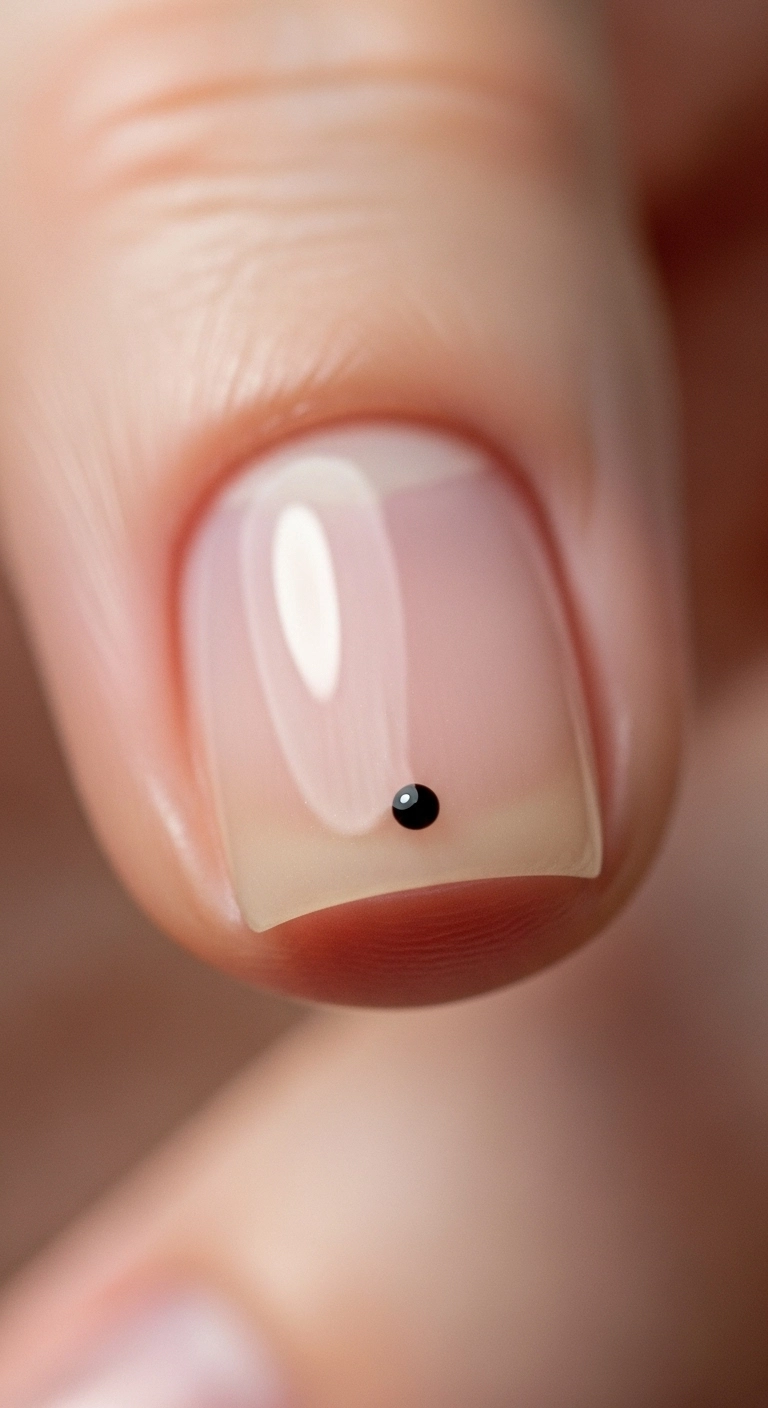 Macro shot of a short nail with a sheer nude base and a single tiny black dot.