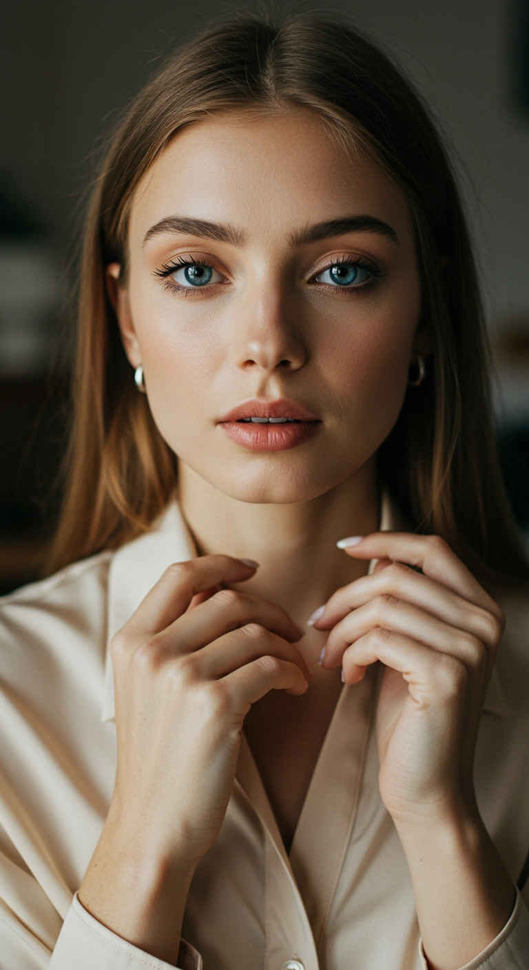 A woman's hands with sheer milky white nails on a silk blouse.