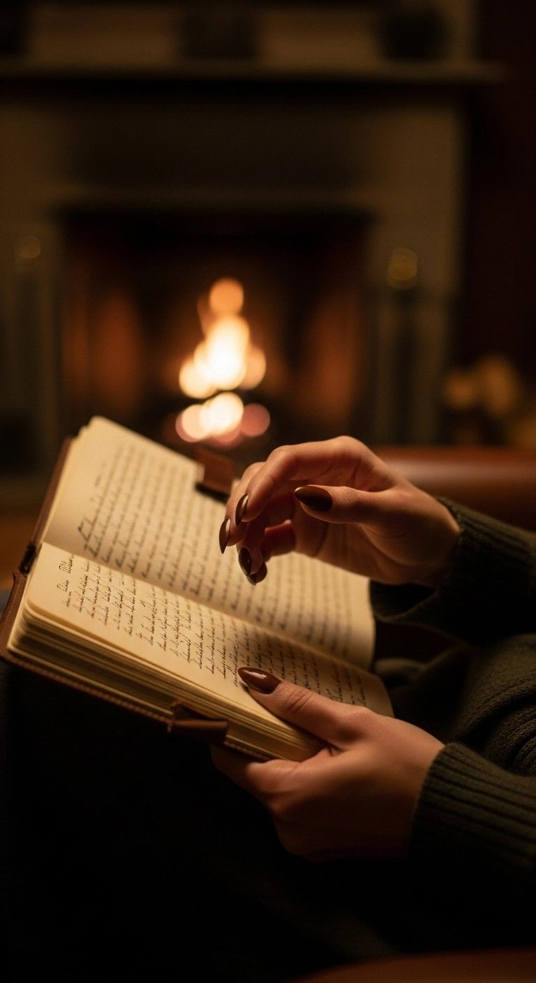 A woman's hands with glossy deep espresso brown nails holding a leather journal.