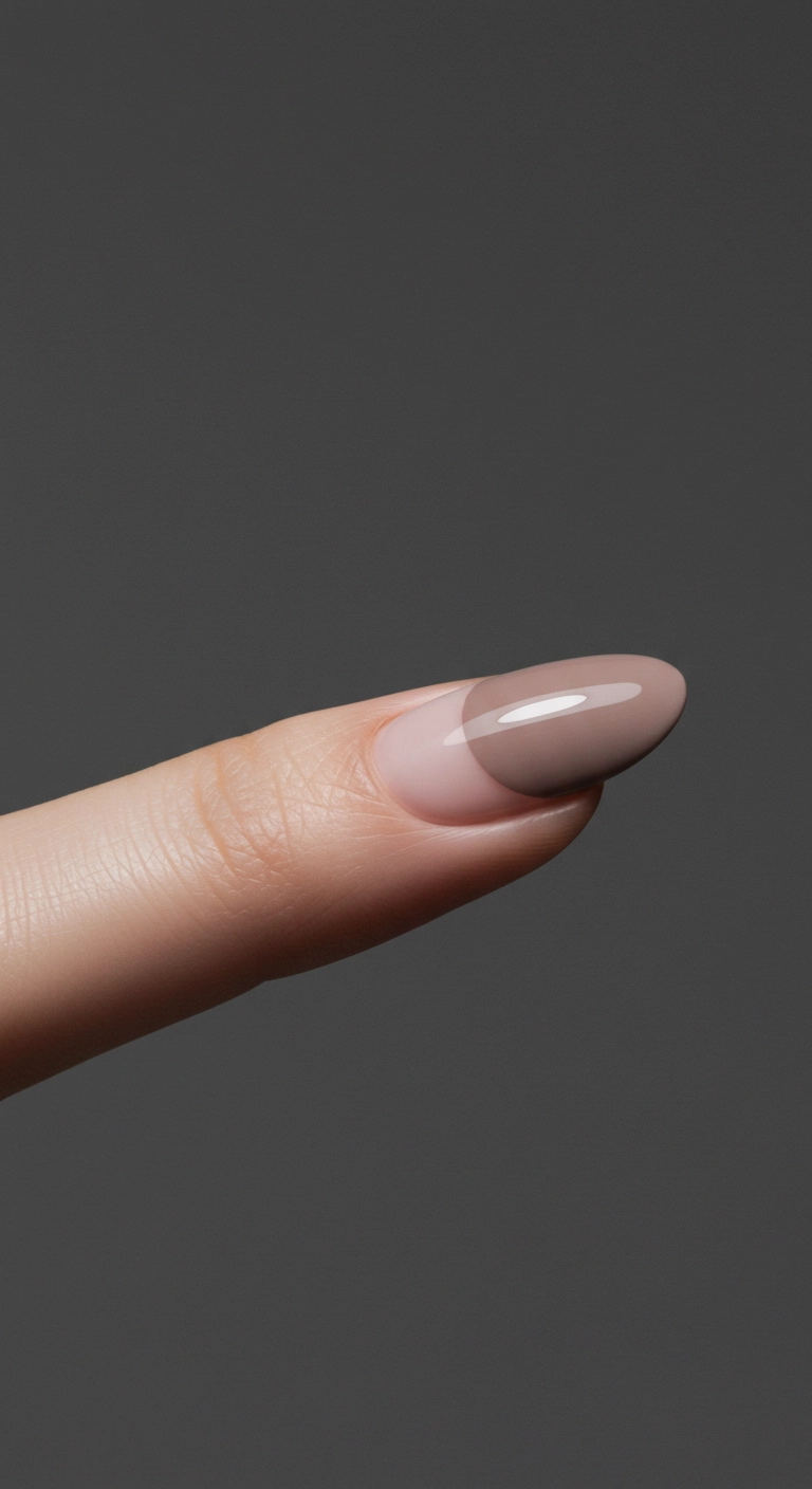 Close-up of a nail with a taupe half-moon negative space design.